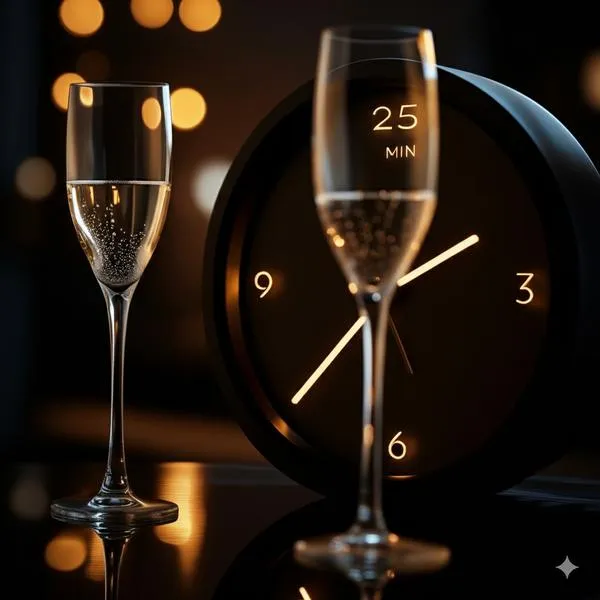 Elegant clock and champagne glass signifying waiting time for Beirut escort girl